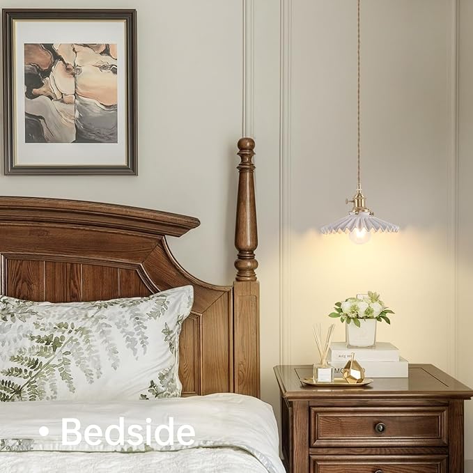 Pendant Light with White Pleated Ceramic Lmapshade, Brass Vintage Pendant Light Adjustable Hanging Light for Kitchen Island Dining Room Hallway