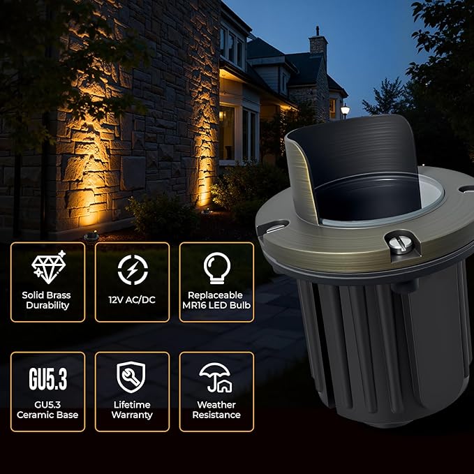 Gardencoin Brass Well Lights Outdoor 12V LED Low Voltage Landscape In Ground Light Waterproof Up Lighting Fixture, Bronze Accent Lighting Fixture Without MR16 Bulb, 12 Pack