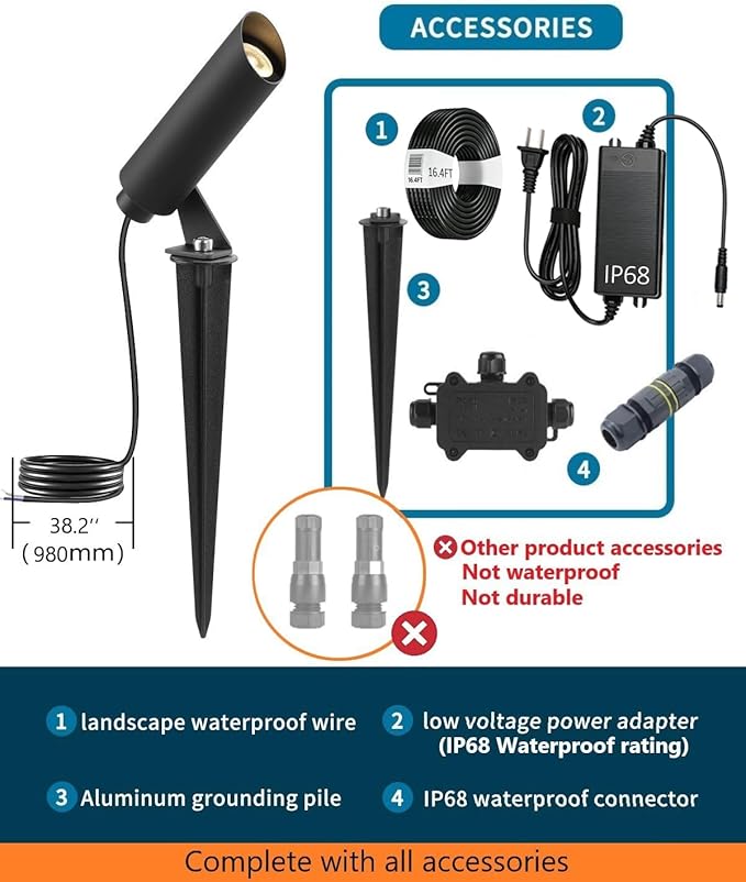 Outdoor Landscape Lighting, Mini Size Low Voltage LED Spotlight(3000K), IP65 Waterproof, with Quick Installation Accessories, for House Patio Garden Fence Tree Yard Plant Lawn Flags Use