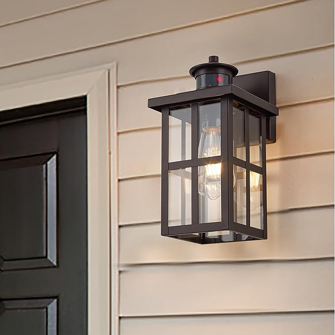 MICSIU 11.75" Bronze Motion Sensor Outdoor Wall Light, Dusk to Dawn Exterior Wall Sconce with 3 Modes, Clear Glass Anti-Rust Porch Light for House, Garage, Oil Rubbed Bronze, 1-Pack