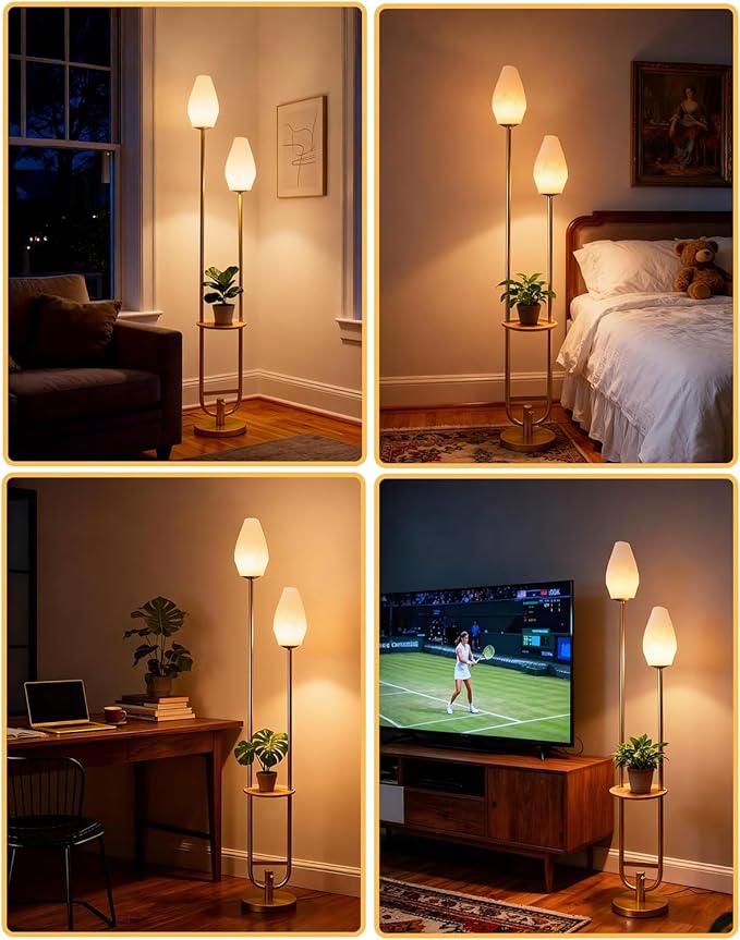 Lightdot 63IN Gold Floor Lamp with Shelf, Mid Century U-Shaped Tall Standing Lamps with Rock-Shaped Shades& Bulb Included, Modern Floor Lamp for Living Room/Wedding/Party/Sofa Beside/Corner Decor