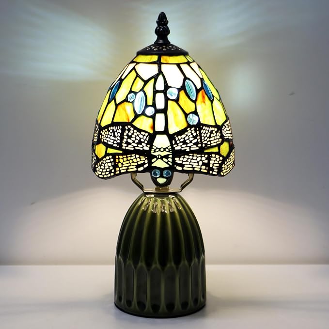 Tiffany Lamp Stained Glass Mushroom Table Lamps 6X6X12.5 Inch Amber White Dragonfly Style Small Night Light Ceramic Base Mini Accent Desk Light Suitable for Bedside Table Bedroom Children Room