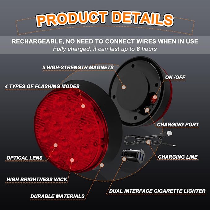 2PCS Magnetic Red Strobe Lights for Trucks, Rechargeable Flashing Lights for Vehicles, LED Red Beacon Magnetic Trailer Lights Portable Emergency Safety Warning Lights Wireless Strobe Lights