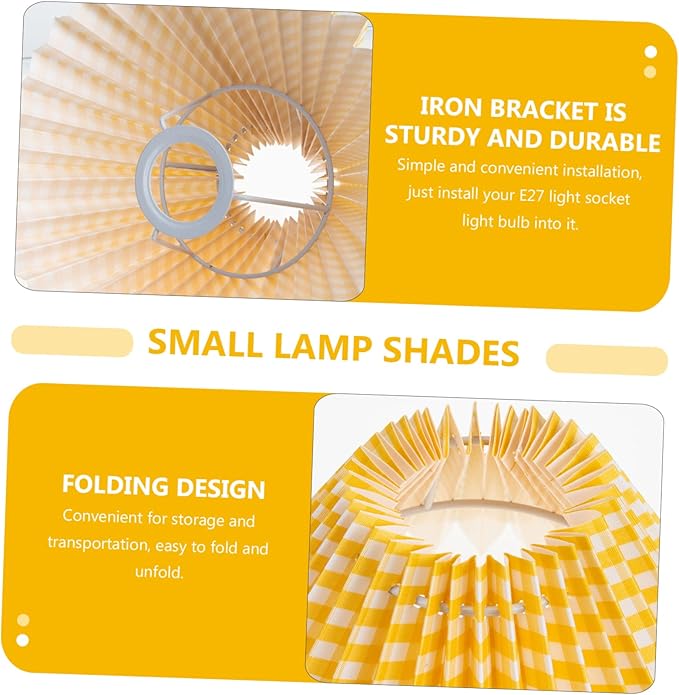 Vaguelly Small Pleated Drum Lampshade for Table Lamp Iron Frame with Yellow Plaid Fabric Easy Installation for Bedroom Living Home and Office Use