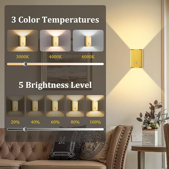1 Pack Battery Operated Wall Sconce Light: 5000mAh Rechargeable Motion Sensor Night Light 3 Colors Wireless Sconce Magnetic Motion Sensor Stair Light Indoor LED Wall Light for Bedroom Hallway Closet