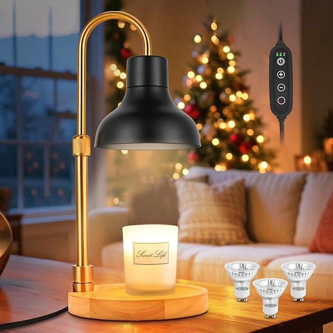 Candle Warmer Lamp with Timer & 3 Bulbs, Dimmable Electric CandleLight Adjustable Height and Brightness Candle Wax Warmer for Jar Candles Bedroom Home Decor House Warming Gift for Women (Black)