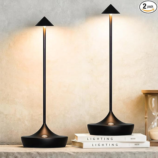 2-Pack Cordless Rechargeable LED Table Lamps, Metal, 3 Color Touch Stepless Dimmable, IP54 Waterproof Portable Battery Operated for Outdoor Dining Patio Restaurant Home Decor, Black