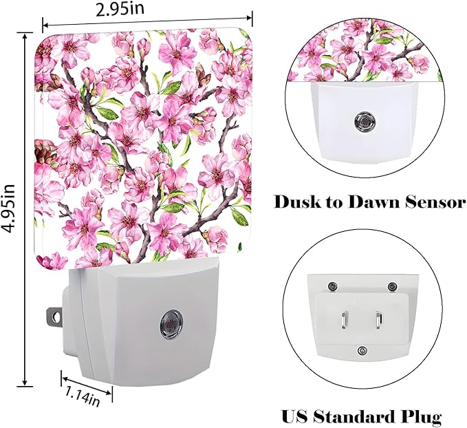 Spring Flowers Blossom Night Light,Plug Into Wall for Boys Girls Bedroom Decorative Square Night Light Lamp 0.5w Sleep Friendly