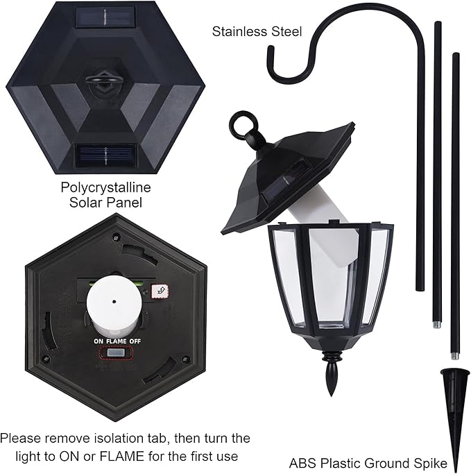 Dynaming 2 Pack Solar Flame Hanging Lights Outdoor, Halloween Solar Flickering Flame LED Garden Lanterns with 2 x 38 Inch Shepherd Hooks, Christmas Lighting for Lawn Patio Yard Pathway Driveway