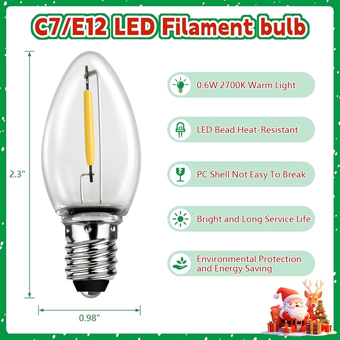 Accessory Cord with 6 LED Light Bulb Christmas Village Lights 11.8ft C7 Lamp Village Light Cord with Switch & Spare Fuse for Salt Lamp, Halloween Pumpkin, Xmas Village House Blow Mold