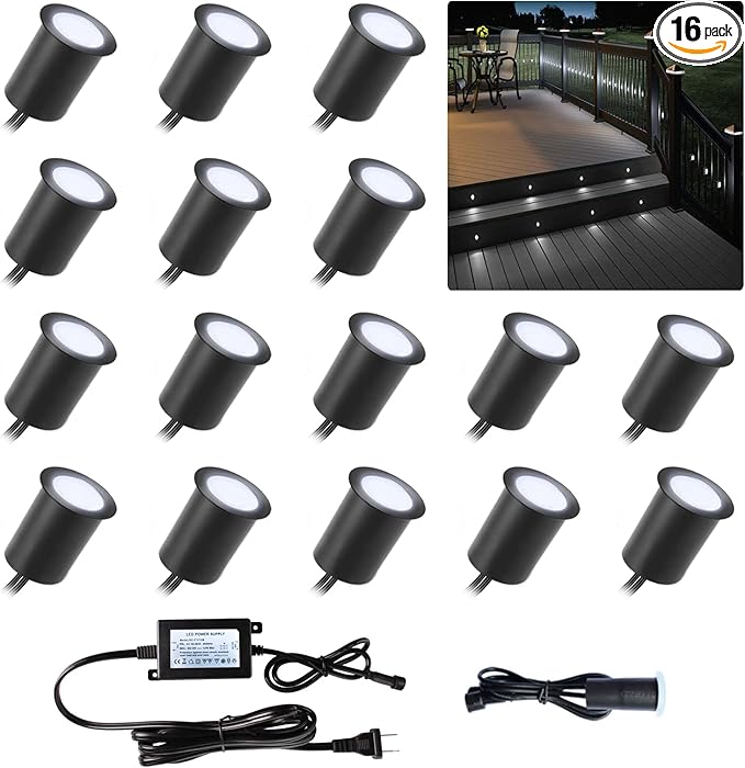 Deck Lights with Photocell and Protecting Shell, Cold White Φ1.18in Low Voltage 12V DC IP67 Waterproof, Electric Wired Round Recessed LED Outdoor Stair Step Landscape Lighting, 16 Pack Black