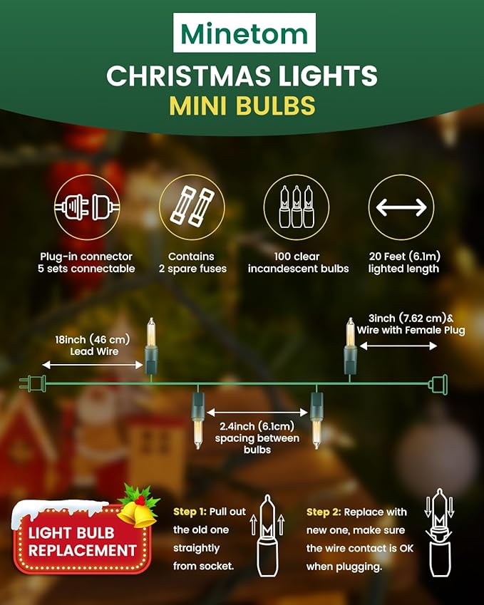 Minetom Clear Christmas String Lights 100 Count 20 Feet Incandescent Bulb Mini Lights for Indoor Xmas Tree Garland Birthday Wedding Party Festival Decoration, Green Wire