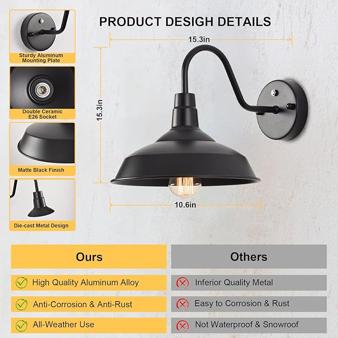 Outdoor Gooseneck Barn Lights with Dusk to Dawn Sensor, 10.6inch Black Farmhouse Exterior Light Fixture Wall Mount, Outdoor Wall Sconces Outside for Farm House Garage Porch Patio 1pack