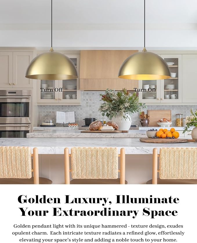 Gold Pendant Lights Kitchen Island, 16 Inch Large Pendant Light, Gold Dome Pendant Light, Industrial Farmhouse Pendant Lights for Kitchen Island, Dining Room, Cafe, Bar, 2 Pcs