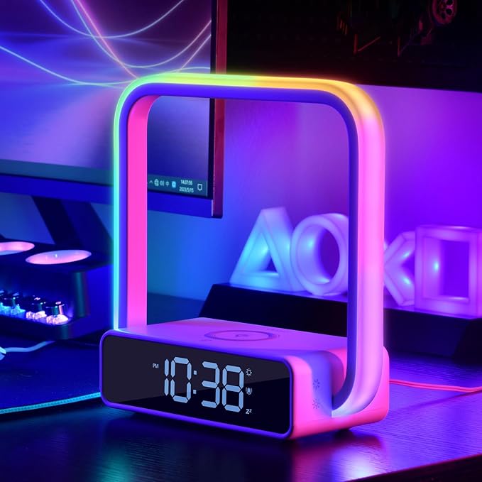 Digital Alarm Clock Wireless Charger, Dimmable Small Bedside Lamp with Alarm Clocks for Bedrooms Home Office Touch Control RGB Night Light Nightstand Lamp for Men Teen