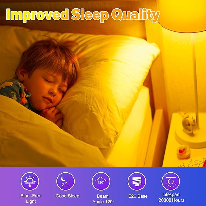 Amber Sleep Light Bulbs, Blue Light Blocking, A19 9W(60 Watt Equivalent) Dim Light Bulbs for Lamp, 1800K Warm Light Bulb, E26 for Healthy Sleep, Bedroom, Kids Room, 2 Pack