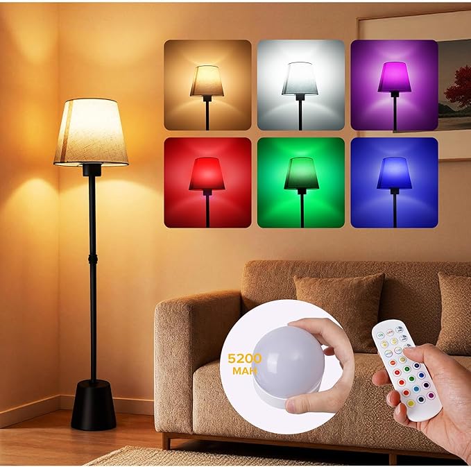 Battery Operated Floor Lamp, Cordless Floor lamp with 5200mAh Battery,RGB Floor Lamps, Timer Function Suitable for Living Room Sofa Area Bedroom RV and Balcony