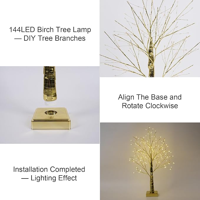 144 LED Artificial Tree Lamp with Timer, DIY Birch Tree with LED Lights, Lighted up Tree Lamp USB/3 AA Battery Powered, Fairy Light Spirit Tree for Table Home Wedding Bedroom Christmas (Gold)