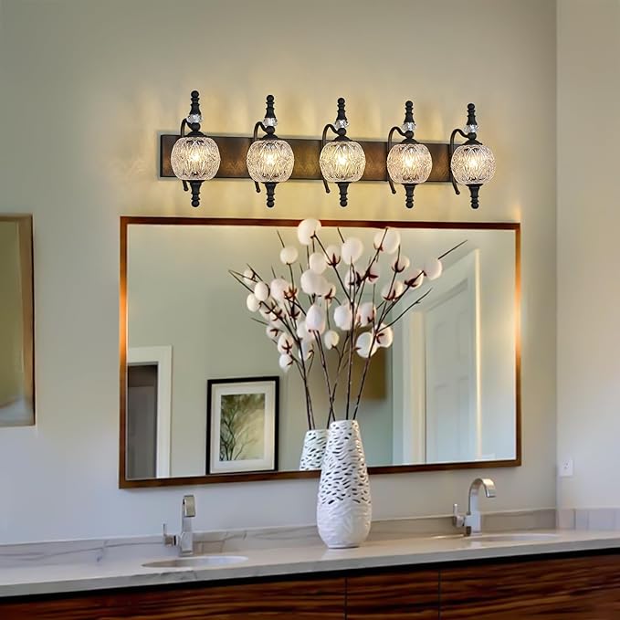Modern Crystal Bathroom Vanity Lights Fixtures Over Mirror Black Vintage 5-Lights 36 Inch Bathroom Light Fixtures Glass Crystal Vanity Lights
