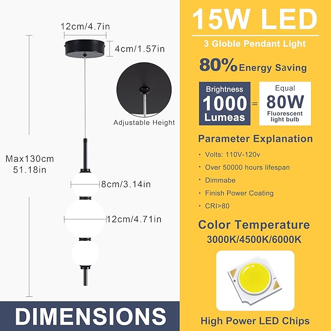 Modern Pendant Lights, Globe Pendant Lights with white Glass,Dimmable Black Pendant Light Fixtures,Adjustable Indoor Hanging Light Fixture for Kitchen Island, Dining Room,bedroom,15W,3000K-6000K