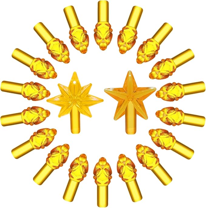 Golden Yellow Replacement Lights Bulbs for Ceramic Christmas Tree, Mini Flame Light Ornaments for Ceramic Tree, Small Twist Pegs Accessories for Crafts, 2 Stars Treetopper＆177 Bulbs Set