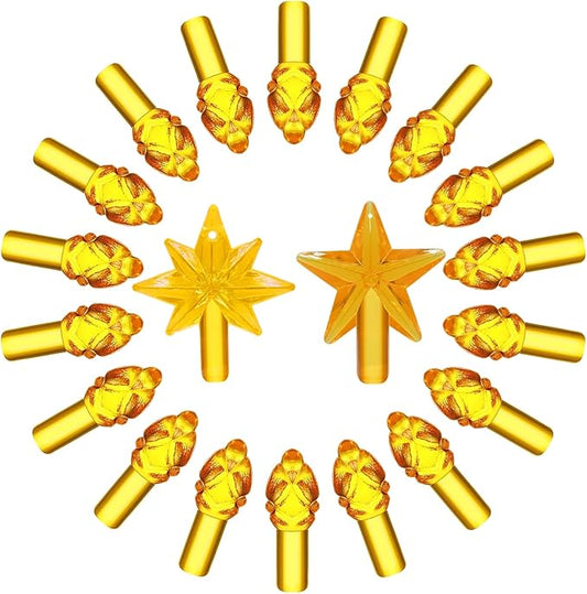 Golden Yellow Replacement Lights Bulbs for Ceramic Christmas Tree, Mini Flame Light Ornaments for Ceramic Tree, Small Twist Pegs Accessories for Crafts, 2 Stars Treetopper＆177 Bulbs Set