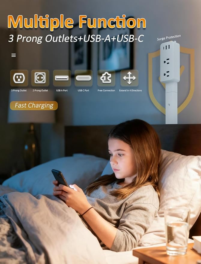 Electrical Outlet Extender Stick with 2 USB-A&USB C&2 AC Outlets,Free Combination Power Socket Outlet Expander to 6", 15.3", 24.5", 34" for Hard-to-Reach Spaces Behind Couches,Nightstands,Cabinet
