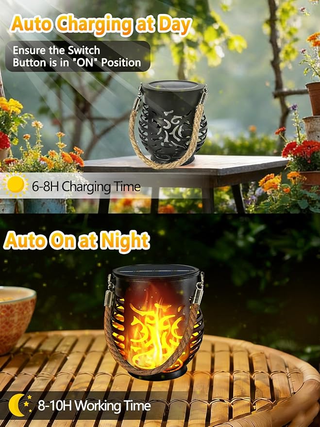 1 Pack Solar Lights Outdoor Waterproof, Solar Lantern with Realistic Flickering Flame, Auto On/Off Solar Powered Garden Light with Hemp Rope Handle for Outside Tree Patio Porch Tabletop Decorations