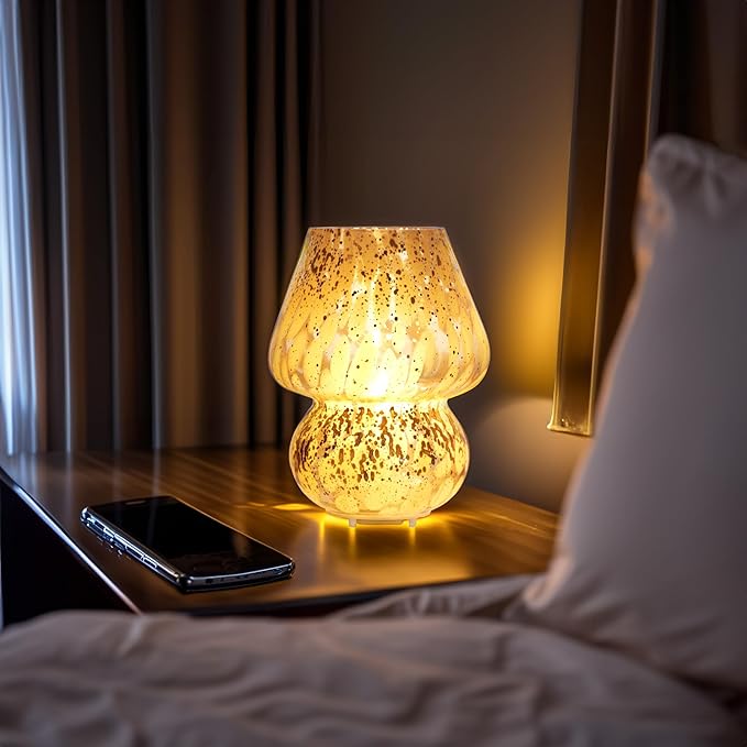Glass Mushroom Lamp Cordless Table Lamp for Bedroom, Small Desk Bedside Lamps for Living Room, Mushroom Decor Cute Mini Modern Lamps Battery Operated for Night Stands, Aesthetic Home Living Room Decor