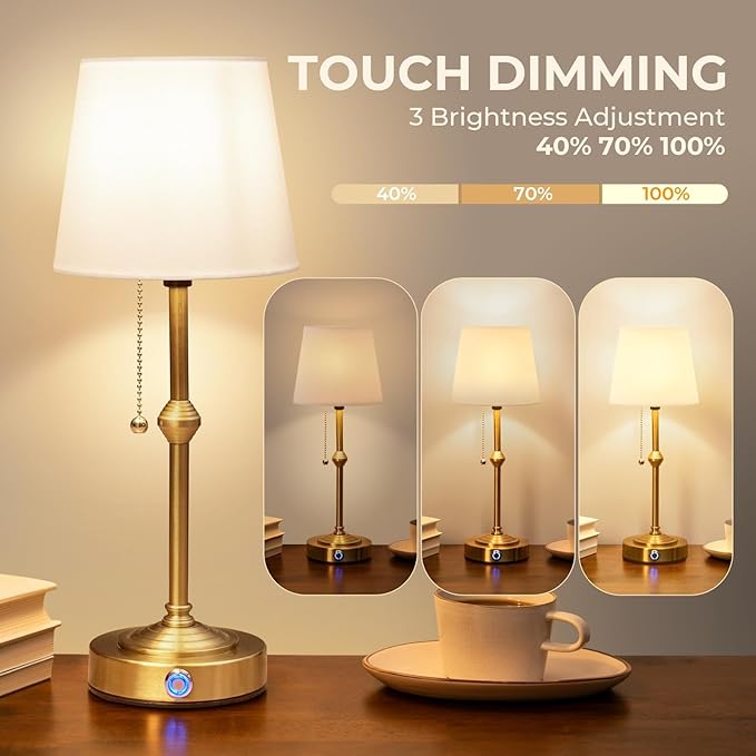 Rechargeable Cordless Table Lamp, Battery Powered Lamp,3 Level Brightness - Bedside Night Lamp, Ambient Light for Restaurant, Home, Bedroom, Dining Room, Camping, Cafe(Gold)