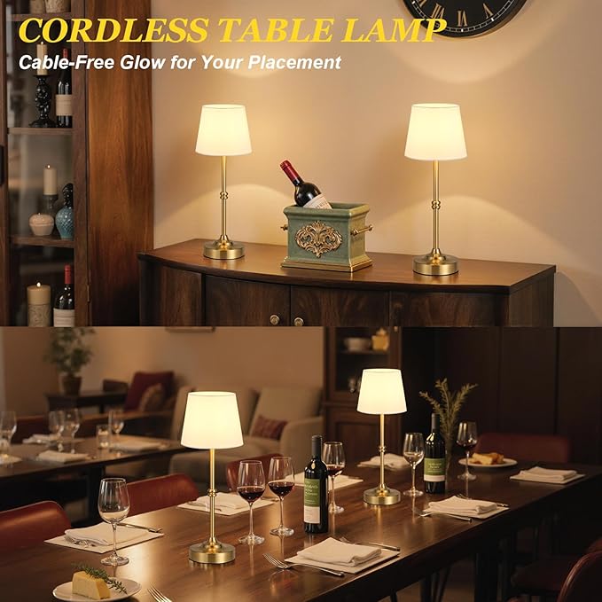 Kakanuo Rechargeable Cordless Table Lamp Gold - 1 Pack Brass 4000mAh Battery Operated Lamp, Touch Control Stepless Dimming, for Home Decor, Dining Table, Living Room, Bedroom