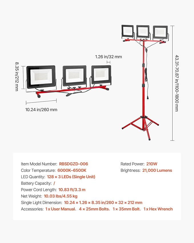 VEVOR LED Work Light with Stand, 21000 Lumens, Three-Head Portable Camping Light with Individual Switch, Tripod Stand, 10.83 ft Power Cord, for Indoor Outdoor Job Site Construction, IP65 Waterproof