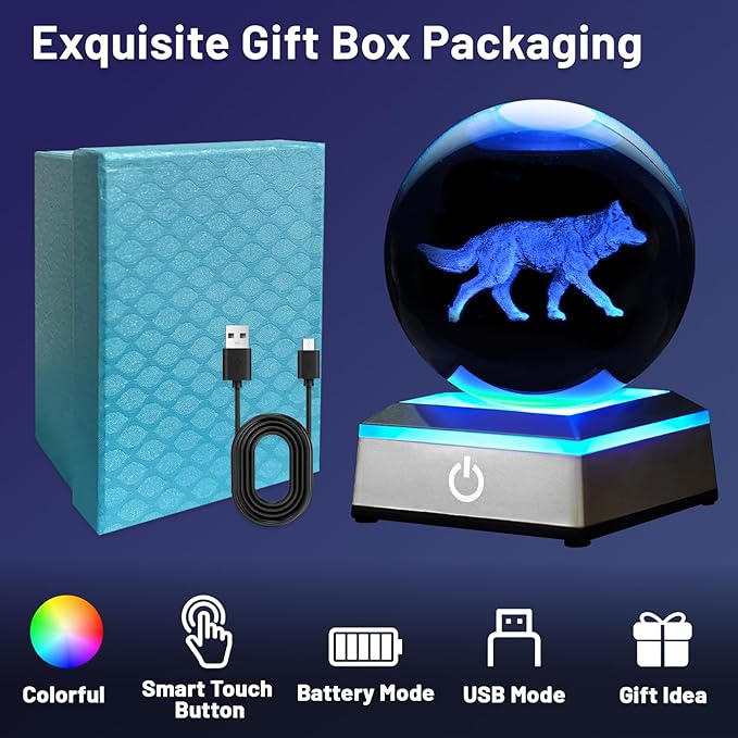 3D Crystal Ball Night Light with LED Colorful Touch Base - 3.15 Inch Wolf Figurine Glass Sphere Lamp for Birthday, Christmas, Home Decor Gift