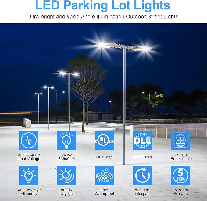 480V LED Parking Lot Light 240W 33600LM UL DLC Listed LED Street Light IP65 5000K Commercial Shoebox Light for Stadium Driveway (277-480VAC Input)