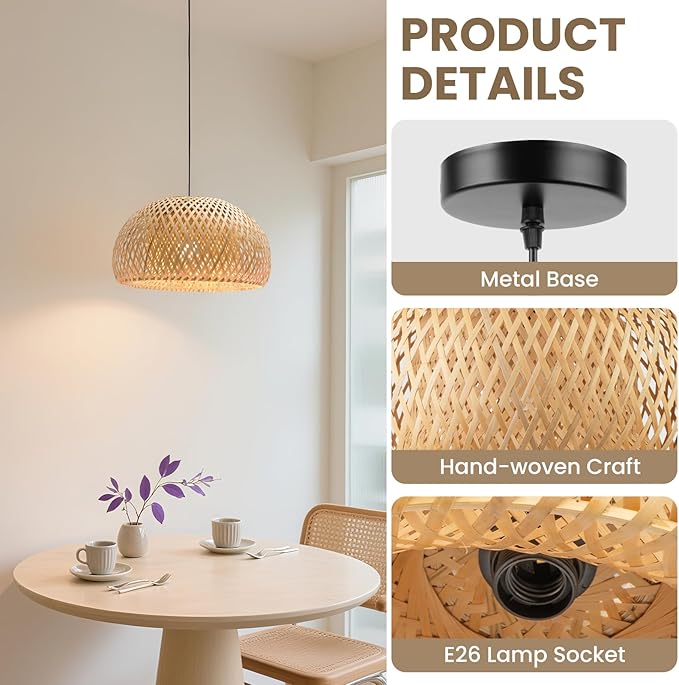 Rustic Bamboo Pendant Light, 15.74 inch One-Light Boho Basket Handmade Woven Pendant Lighting for Bedroom, Kitchen, Living Room Boho Decor