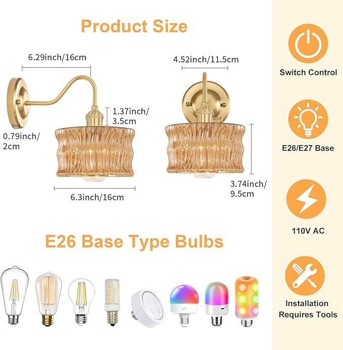 Battery Operated Wall Sconce Set of 2, Vintage Rechargeable Wall Lights with Amber Ripple Glass Shade, Wireless Indoor Wall Lamp with Remote for Bedroom Living Room Bathroom