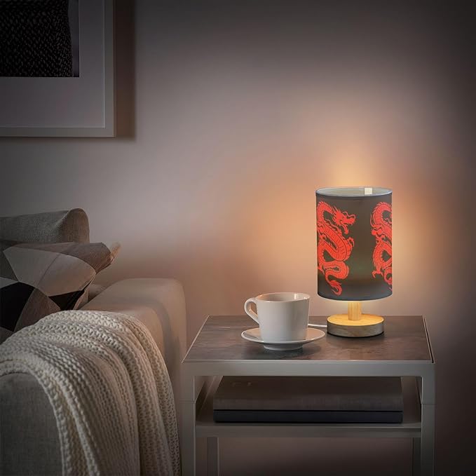 Table Lamp Red Chinese Dragon on Black Nightstand Lamp with Wood Base Fabric Lamp Shade Bedside Desk Lamp for Living Room Bedroom Kids Room Office