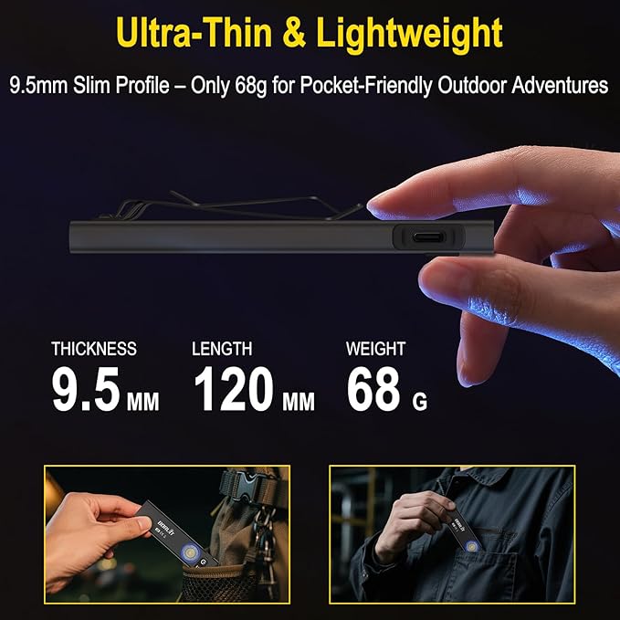 BORUIT U8 Small Flat EDC Flashlight,650 Lumens USB-C Rechargeable Pocket Flash Light with White, Yellow & RGB LEDs, IP67 Waterproof, Magnetic Tail & Clip for Camping, Hiking, Emergencies