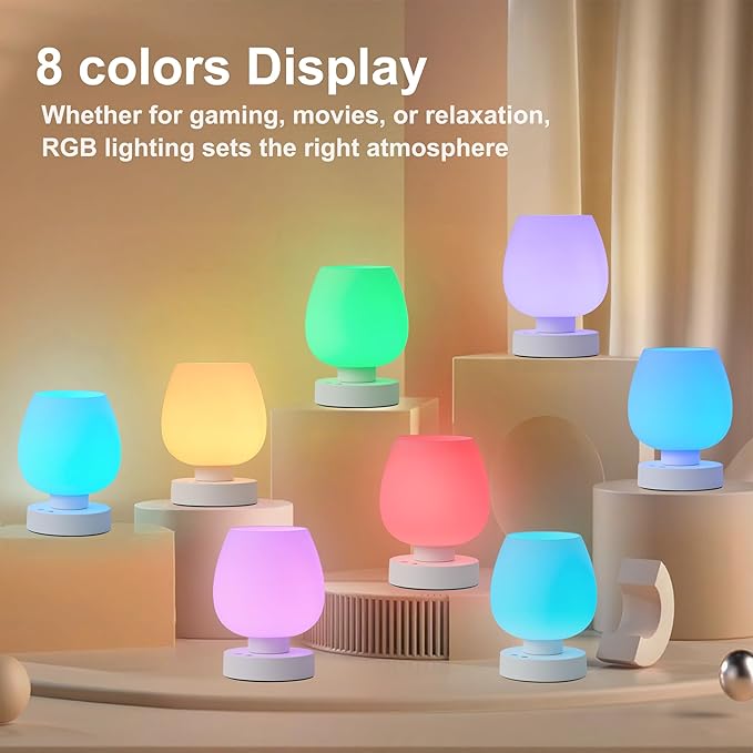 Cordless Touch Bedside Table Lamp Set of 2, Rechargeable Battery Operated Desk Lamps with 8 RGB Colors, Dimmable Small Glass Nightstand Light for Living Room Bedroom Kitchen Counter