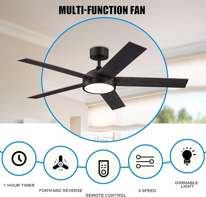 54 Inch Ceiling Fan with Light and Remote, Modern Farmhouse Ceiling fan with 5 Blade, Dimmable 3 Speed Reversible for Dining Room, Living Room, Oil Rubbed Bronze