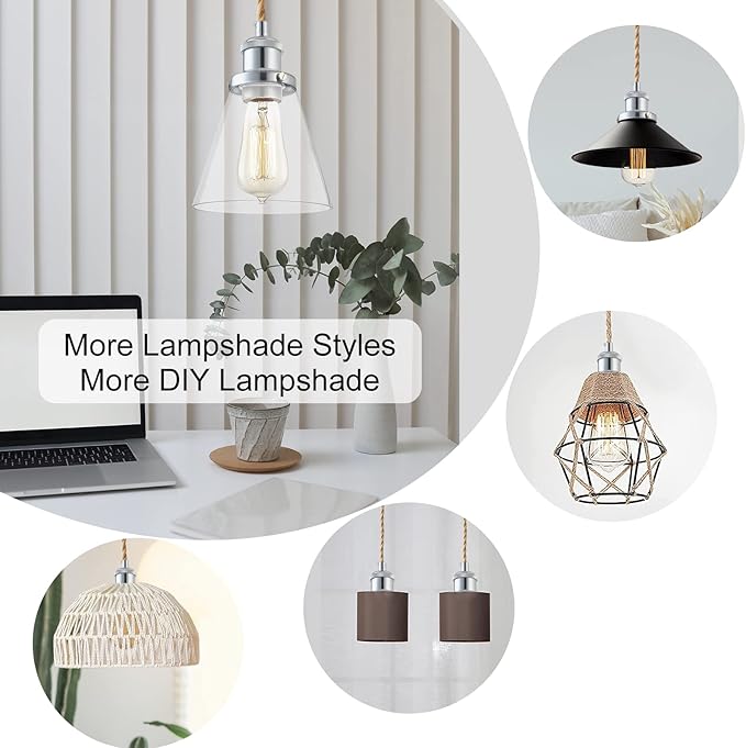 Industrial Mini Pendant Light Kit, E26 Socket Pendant Hanging Light, Hemp Rope Vintage Hanging Pendant Light Cord, Adjustable Pendant Lights Ceiling Mount Kitchen Island Farmhouse