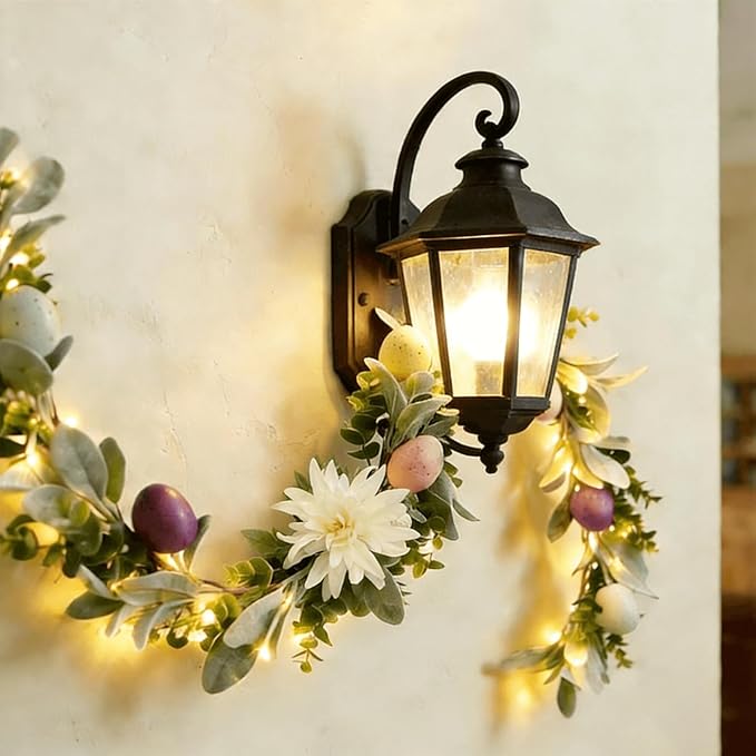 6ft Pre-Lit Easter Garland with 40 LED Lights, Artificial Waterproof Lambs Ear Spring Floral Greenery with Pastel Eggs & Daisy Flowers for Fireplace Mantels, Tables, Walls,Indoor & Outdoor Decor