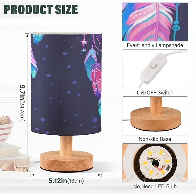 Table Lamp Dream Catcher Native American Indian Blue Blur Dot Dreamcatcher Nightstand Lamp with Wood Base Fabric Lamp Shade Bedside Desk Lamp for Living Room Bedroom Kids Room Office