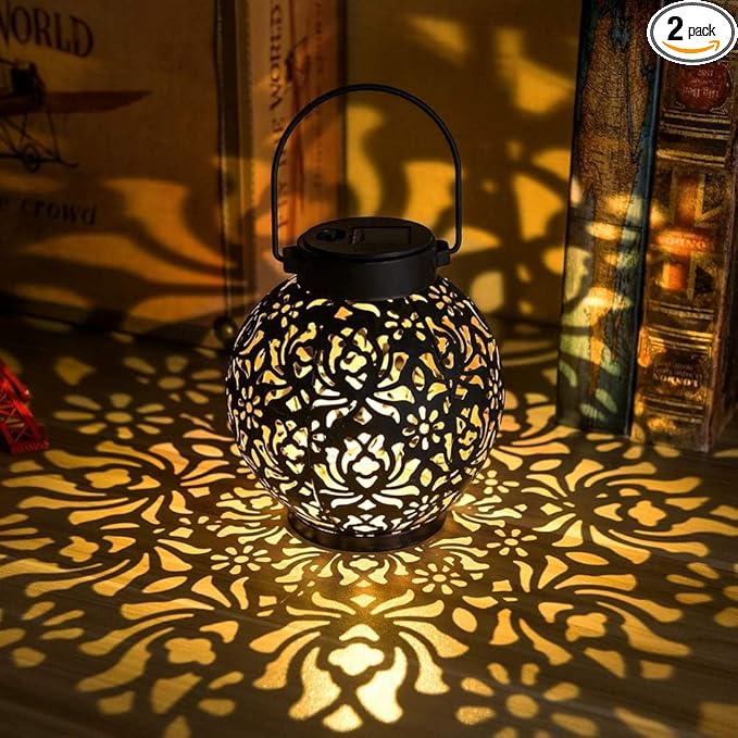 2 Pack Outdoor Solar Hanging Lantern Lights Metal LED Decorative Lamp for Garden Patio Courtyard Lawn and Table with Hollowed-Out Design (Antique Bronze)