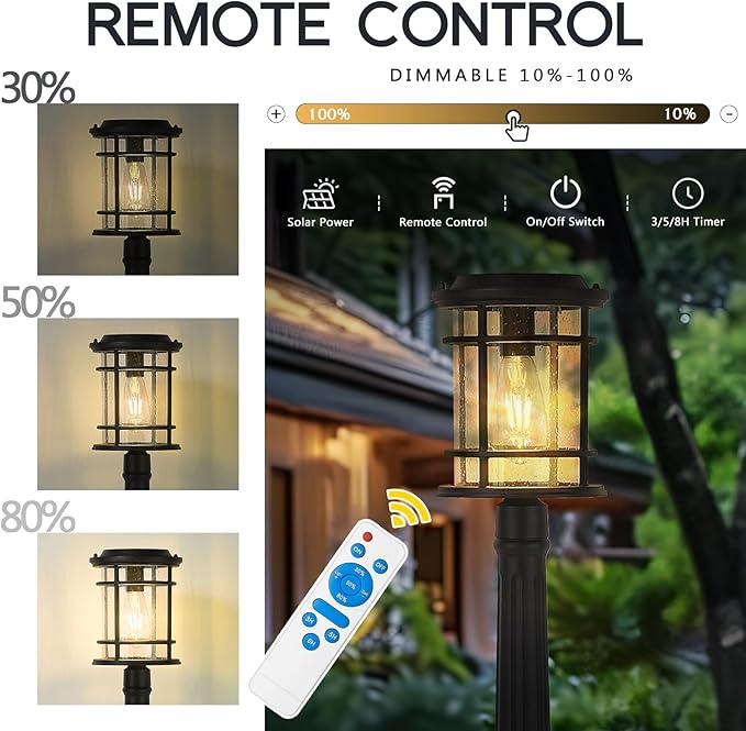 Emliviar Solar Pathway Lights Outdoor, Dusk to Dawn Walkway Light with Remote Control, Pole Light with Seeded Glass in Black Finish, LED Bulb Included, XE229PL-SL BK
