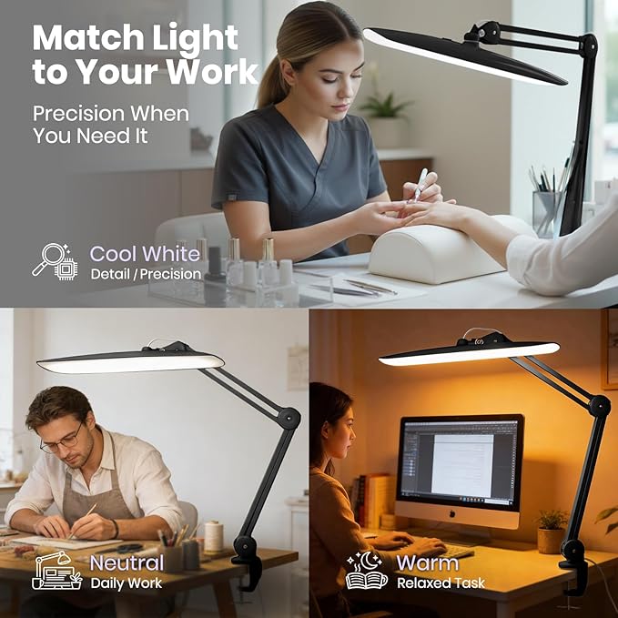 Neatfi XL LED Desk Lamp with Clamp, 2200 Lumens, 20W, 20-Inch Wide Head, Dimmable 4 Brightness Levels, 3 Color Modes 3000K–6000K, Task Light for Home Office, Crafts, Workbench (CCT, Black)