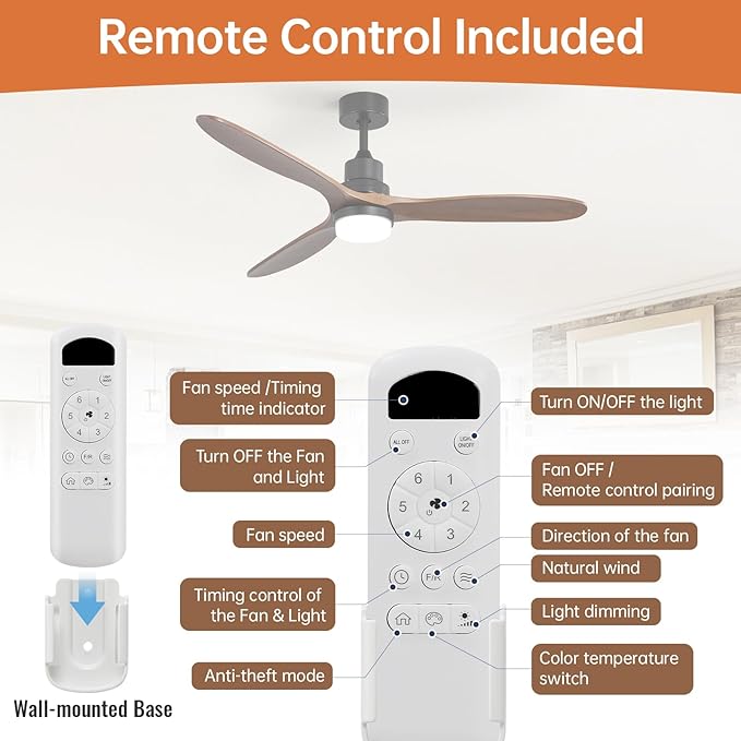 Sofucor 60 Inch Ceiling Fan with Lights Remote Control Walnut Blades Dimmable Light Reversible DC Motor Modern Wood Ceiling Fans for Kitchen, Bedroom, Basement, Dining, Living Room Matte Black