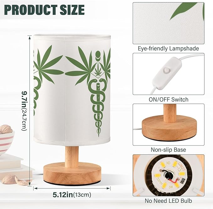 Marijuana Cannabis Hemp Leaf Green Snake Medical Symbol Icon Table Lamp with Wood Base Fabric Lamp Shade Bedside Nightstand Desk Lamp for Living Room Bedroom Kids Room Office