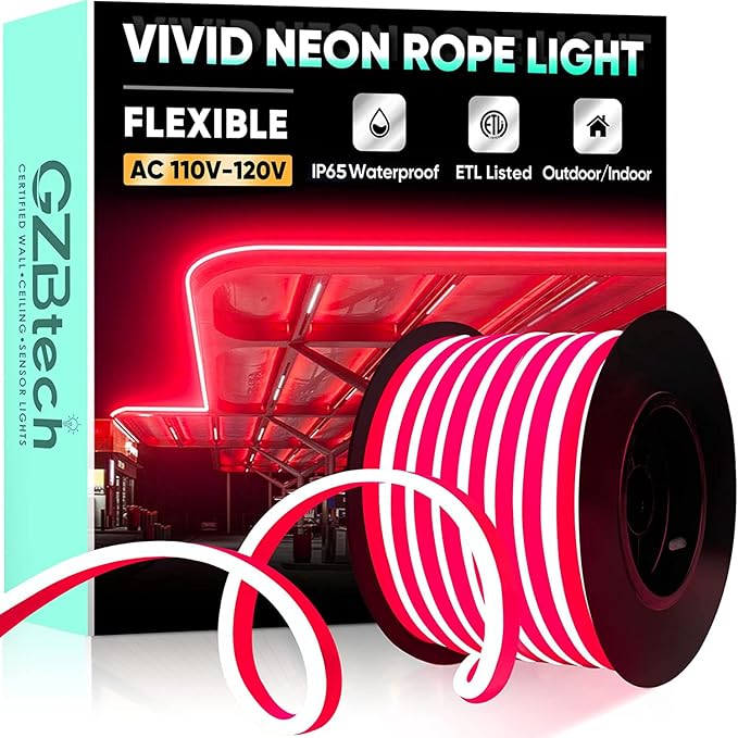 GZBtech Flexible LED Neon Rope Lights 66FT,AC 110-120V Waterproof Strip Light, 120 LEDs/M Cuttable Connectable Neon Lighting for Indoor Outdoor Home Decor/Commercial Building Use-Red 20M, ETL Listed