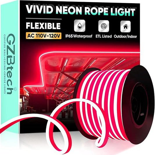GZBtech Flexible LED Neon Rope Lights 66FT,AC 110-120V Waterproof Strip Light, 120 LEDs/M Cuttable Connectable Neon Lighting for Indoor Outdoor Home Decor/Commercial Building Use-Red 20M, ETL Listed